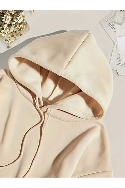 caddekombin Hanorac cu glugă cu imprimeu Artric Monkeys, cu buzunar, cu interior din lână, bej