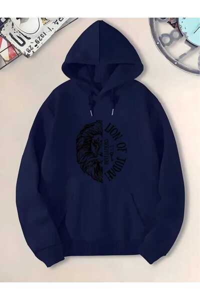 caddekombin Φούτερ με κουκούλα με στάμπα Half Lion Face, βαμβακερό μπλε ναυτικό με τσέπες