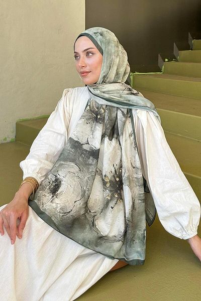 lamelif Bohemian Flower Pattern Soft Shawl Khaki