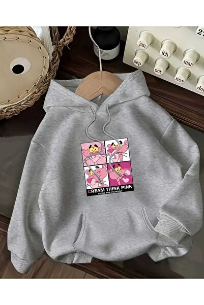 caddekombin Hanorac gri din bumbac cu glugă și buzunar cu imprimeu Pink Panther