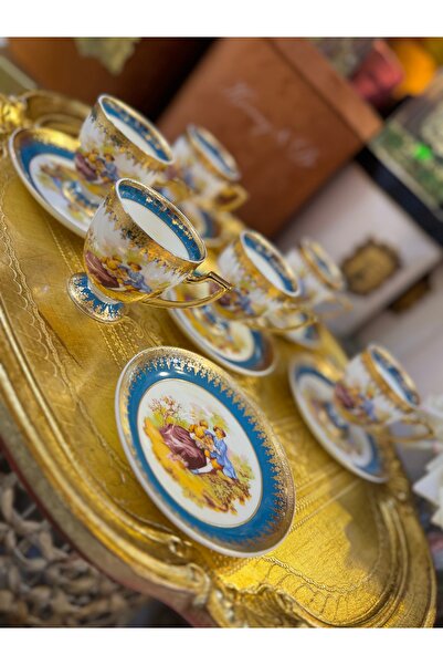 hediye Esterhomedecor 6 Person Fragonard Porcelain Coffee Cup Set Blue