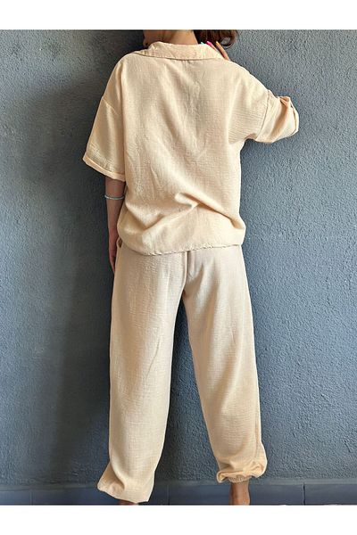 Gönülden Tasarım Muslin Fabric Elastic Leg Bottom Top Women's Set