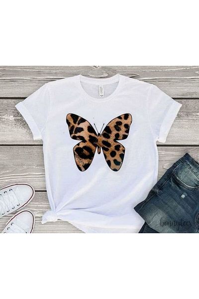 VOICTEC Women's Oversized Leopard Detailed Butterfly Printed Crew Neck T-Shirt