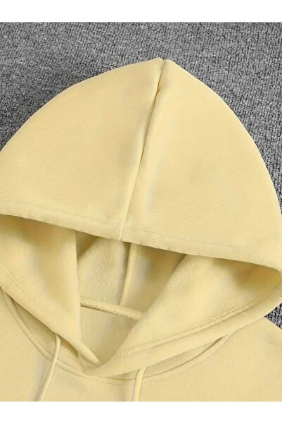 caddekombin New York Pop Printed Hooded Beige Sweatshirt with Pocket and Wool Inside