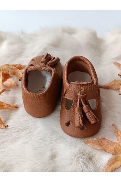 Hodore Wizy Tasseled Tan Genuine Leather Baby Booties Moccasins
