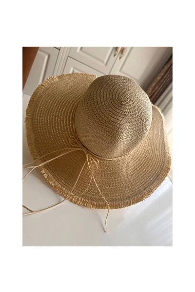 VB Steel Women's Beige Straw Sea Beach Outing Hat with Edge Detail