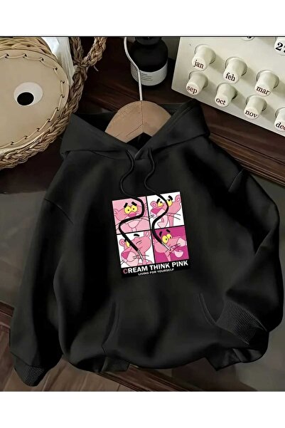 caddekombin Μαύρο φούτερ με κουκούλα με στάμπα Pink Panther και τσέπες από βαμβάκι