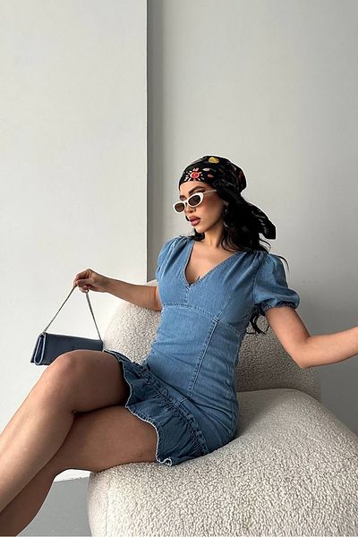 Neşeli Butik Women's Skirt Ruffles Double Breasted Collar Jean Dress Rynp006