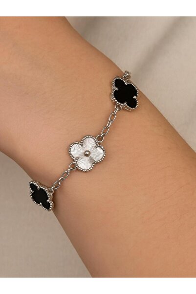 Merand Zarif Siyah & Gümüş Dört Yapraklı Yonca Bileklik
