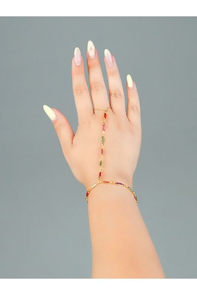 Sumen Butik Y Model Colored Stone Silver and Gold Color Steel Chain Shahmaran