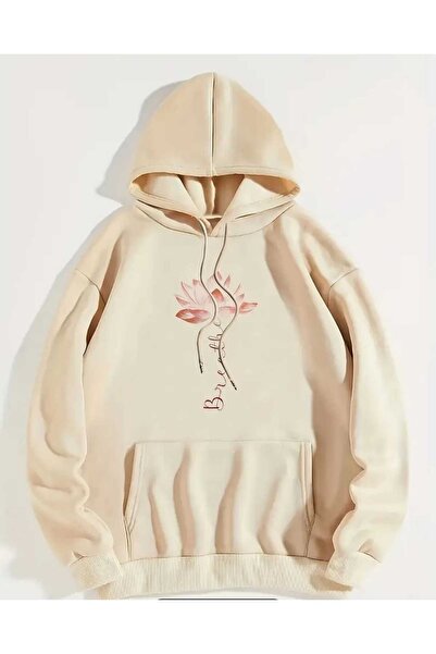 caddekombin Φούτερ με κουκούλα Breathe Flower με στάμπα, βαμβακερό μπεζ με τσέπες