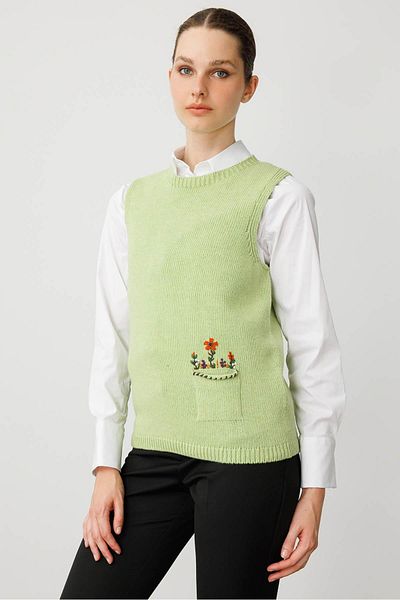Desen Triko Women's Crew Neck Pocket Top Embroidered Sweater A.E.Green