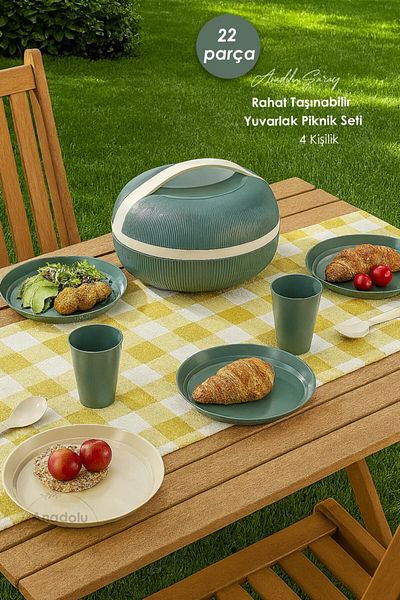 Anadolu Saray 22 Piece Green 4-Person Multi-Purpose Portable Comfortable Portable Round Picnic Set