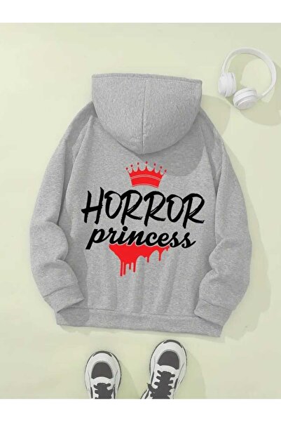 caddekombin Hanorac gri din bumbac cu buzunar și imprimeu prin spate prințesă a groază