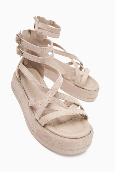 Limoya Sara Cross Strap Tan Suede Women's Sandals Thick Sole Ankle Buckle