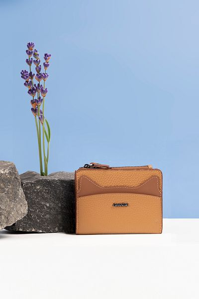 Grande 2828 Genuine Leather Cat Design Minimal Wallet Camel