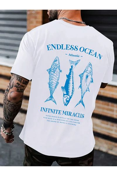 AEMİ Unisex Endless Ocean Printed Oversize Crew Neck T-Shirt