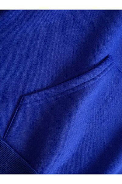 caddekombin Синя американска памучна блуза с качулка и джобове