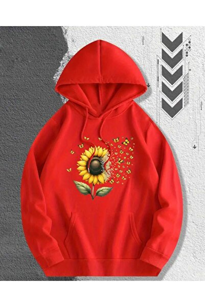 caddekombin Червена суитшърт с качулка, джобове и подплата от флис с принт на слънчогледи