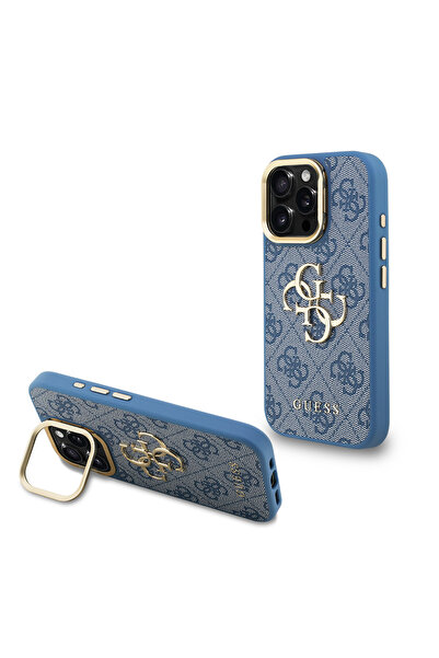 Guess iPhone 16 Pro Uyumlu Kılıf Lisanslı Metal 4G ve Yazı Logolu Kamera Standlı Kapak Mavi