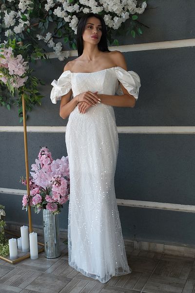 Feminist Stone Beaded Balloon Sleeve Evening Dress White 9705417