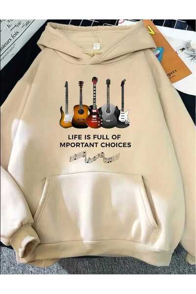 caddekombin Gitar Enstrüman Baskılı Kapüşonlu Cepli İçi Yünlü Bej Sweatshirt