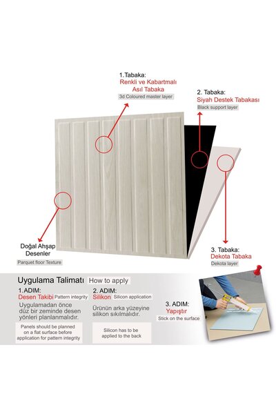 TİNK 3 Boyutlu Duvar Paneli Kabartmalı Lambiri Desen Pvc 41x41 cm/ 6 Adet /1 m² Beyaz Huş