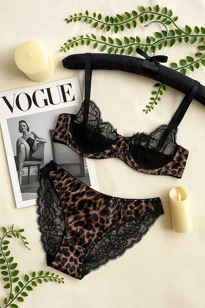 İntive Lingerie Leopard Print Lace Detail See-Through Bra Panty Set - Stylish Underwear Set