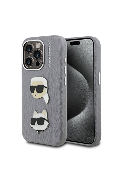 Karl Lagerfeld iPhone 15 Pro Max Compatible Case Karl Lagerfeld Licensed K&C Heads Pin Cover Gray
