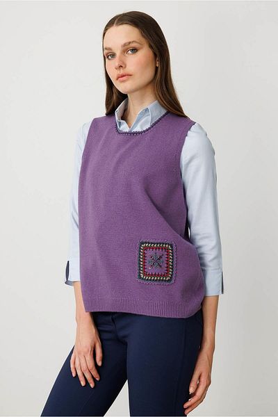 Desen Triko Women's Crew Neck Pocket and Collar Colorful Crocheted Wool Sweater Purple