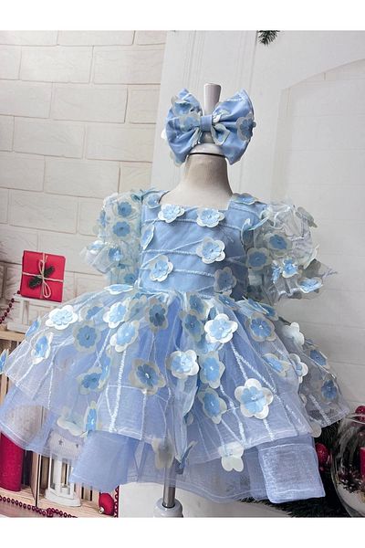 Nissa Blue Floral Patterned Square Collar Girl's Evening Dress