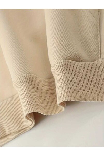 caddekombin Gitar Enstrüman Baskılı Kapüşonlu Cepli İçi Yünlü Bej Sweatshirt