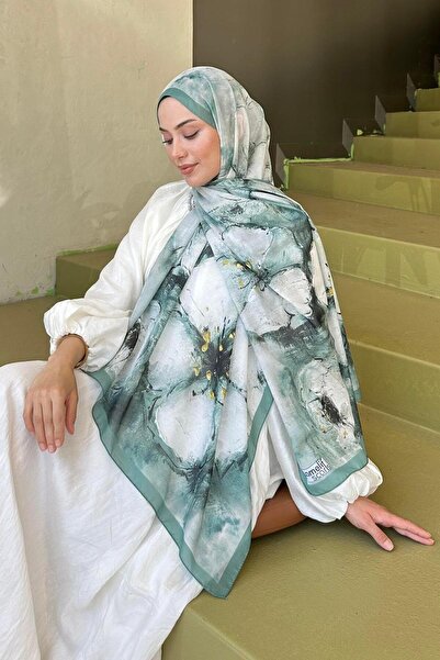 lamelif Bohemian Flower Pattern Soft Shawl Çağla Leaf Green