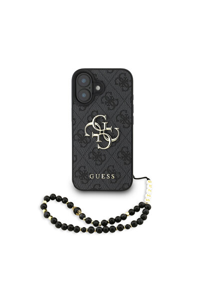 Guess iPhone 16 Plus Uyumlu Kılıf Lisanslı Bilek Askı İpli Metal 4G ve Yazı L...