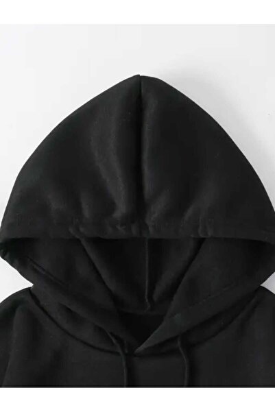 caddekombin Μαύρο φούτερ με κουκούλα και τσέπη με στάμπα με κορδέλα