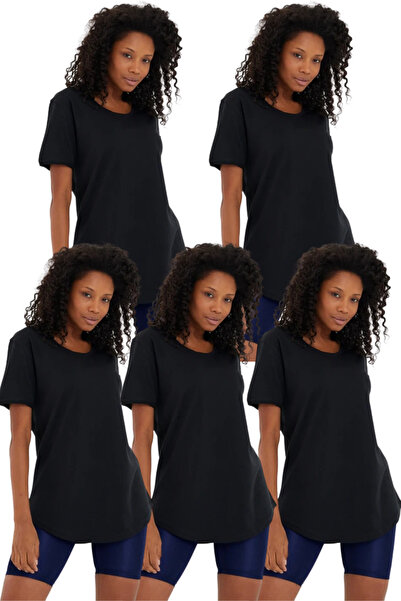 Tarz Cool تي شيرت نسائي أسود مكون من 5 قطع بقصة عادية/عادية وأكمام قصيرة