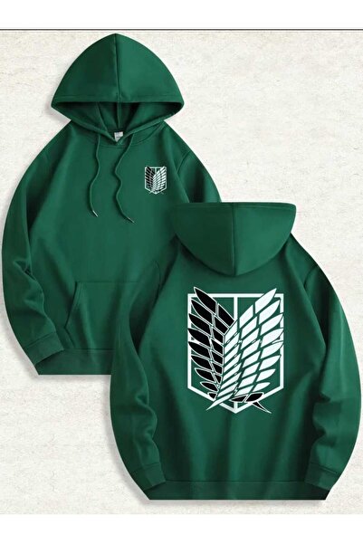 caddekombin AOT Keşif Birliği Arka Göğüs Baskılı Kapüşonlu Cepli İçi Yünlü Yeşil Sweatshirt