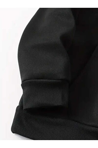 caddekombin Μαύρο φούτερ με κουκούλα και τσέπη με στάμπα με κορδέλα