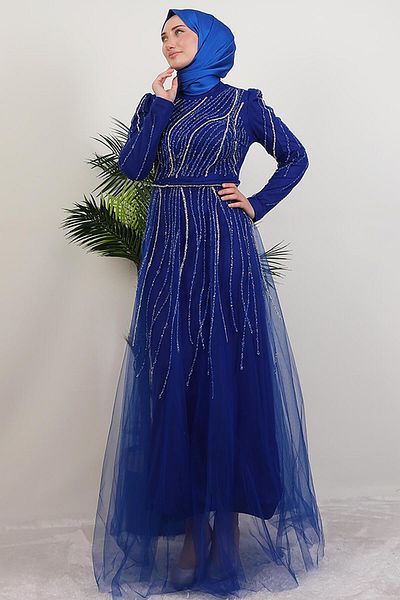 GİYZAMİLA Βραδινό φόρεμα από πέτρινο τούλι Midnight Blue