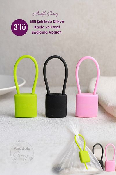 Anadolu Saray Set of 3 – Multi-Purpose, Practical, Colorful Lock-Shaped Silicone Cable and Bag Binding Device