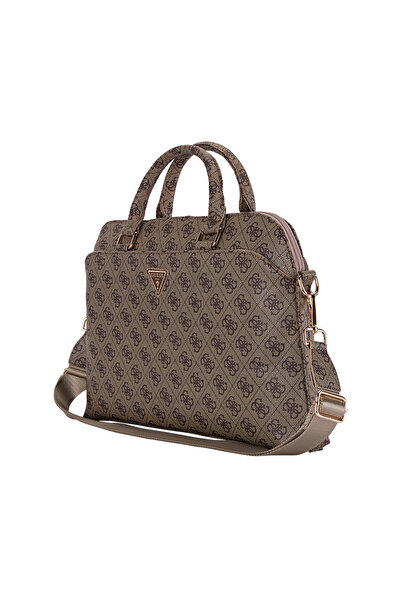 Guess حقيبة كمبيوتر محمول أصلية مرخصة بشعار مثلث مقاس 15 بوصة مع حزام كتف بني