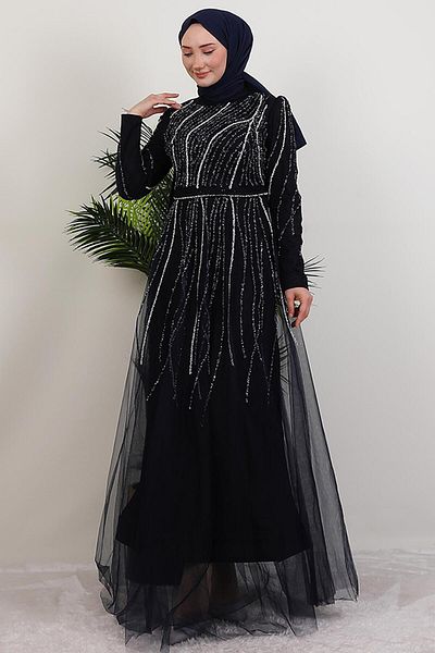 GİYZAMİLA Βραδινό φόρεμα από πέτρινο τούλι Navy Blue