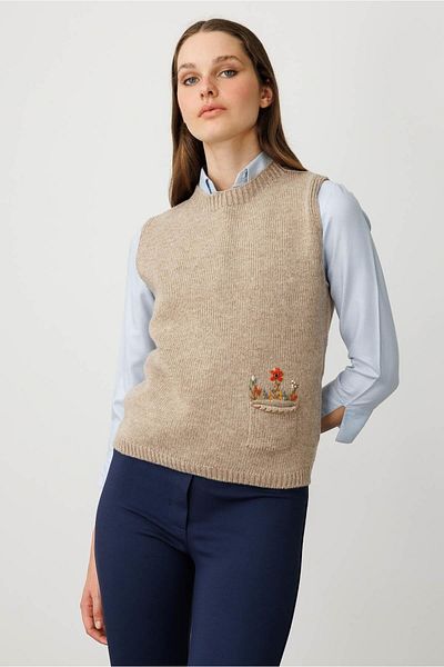 Desen Triko Women's Crew Neck Pocket Top Floral Embroidered Wool Sweater Mink