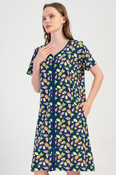 VİENETTA Cotton Women's Plus Size Short Sleeve Zipper Nightgown , 409211