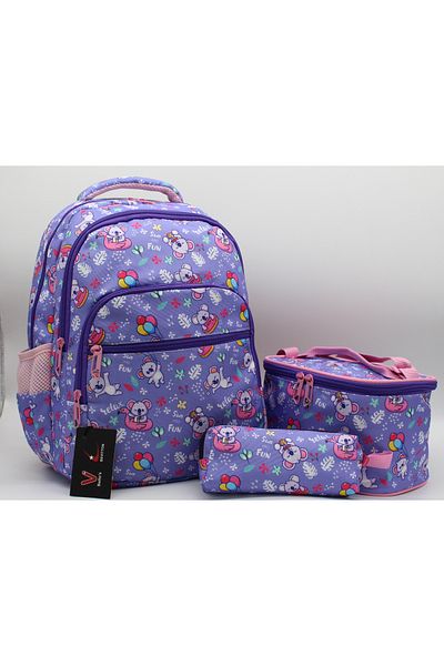 Bevitton Geantă pentru școala primară pentru fete Set de 3 geanți pentru școală primară cu modele de caractere violet