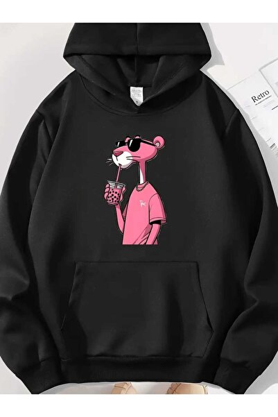 caddekombin Μαύρο φούτερ με κουκούλα με στάμπα Pink Panther και μάλλινη επένδυση μέσα