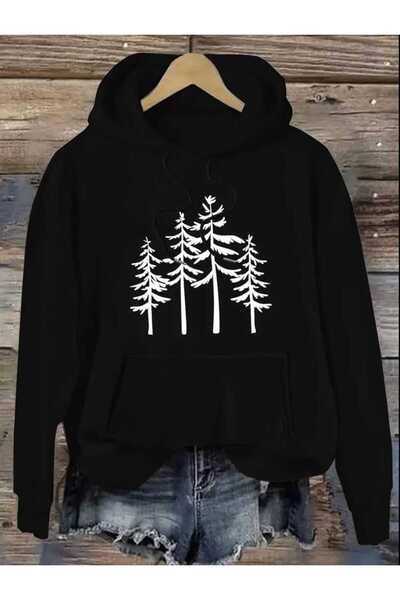 caddekombin سويت شيرت أسود بطبعة أربعة أشجار وجيب بقلنسوة من الصوف من الداخل