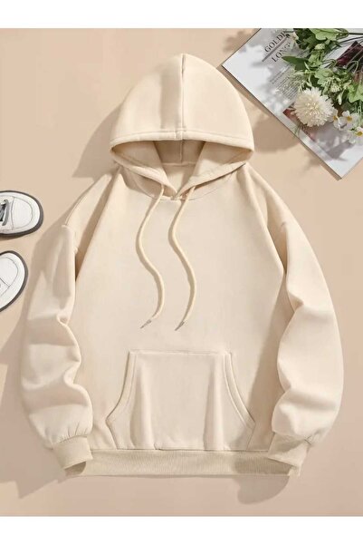 caddekombin Φούτερ Hello Bear με στάμπα στο πίσω μέρος, με κουκούλα, τσέπες και επένδυση από μαλλί μέσα, σε μπεζ χρώμα