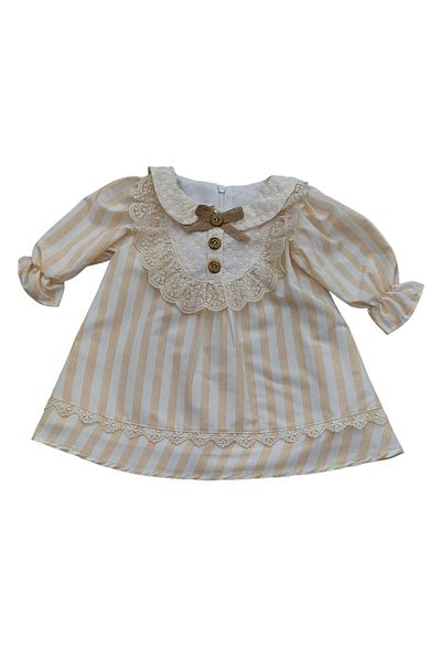 Hafez Kids Luxury Girl Dress Striped Ruched Collar Buttoned Hidden Zipper