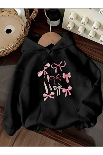 caddekombin Μαύρο φούτερ με κουκούλα και τσέπη με στάμπα με κορδέλα